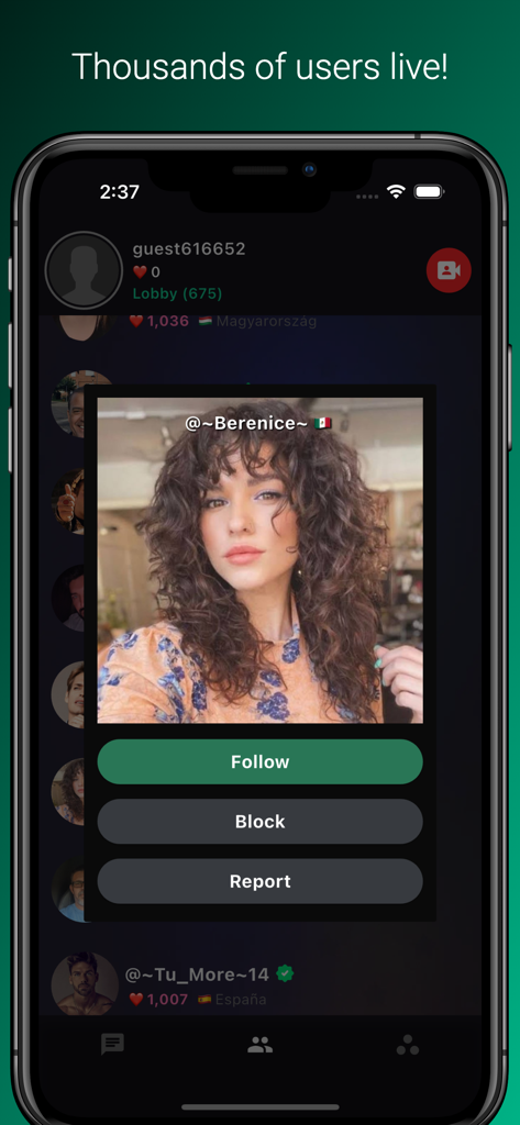 Un popup del profilo utente nell'app ChatVideo Live che mostra le opzioni per seguire o bloccare.