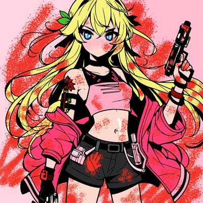 bad girl wearing crop top holding a gun long hair anime
