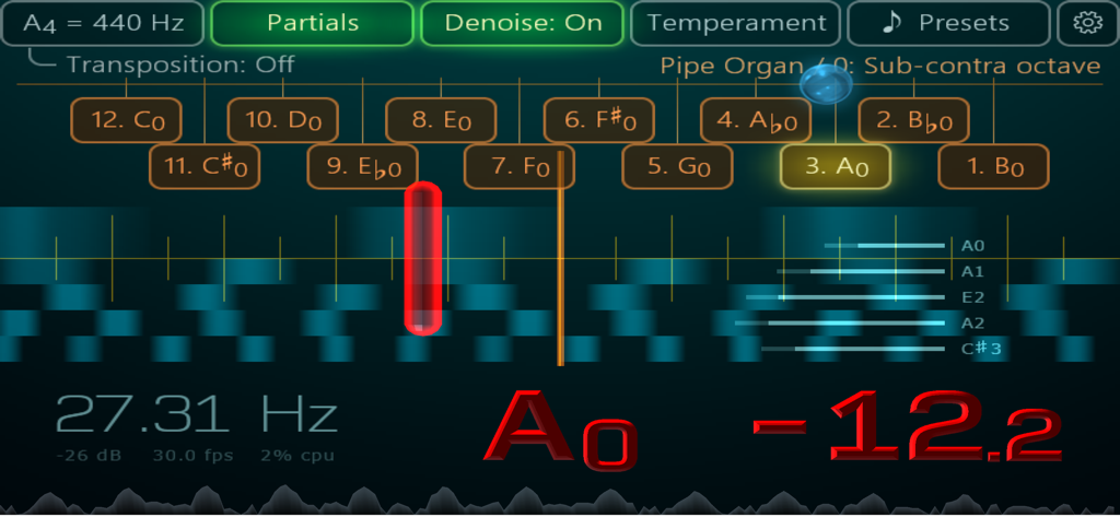 Airyware Tuner interface showing strobe tuning mode for a low frequency A0 note on a pipe organ