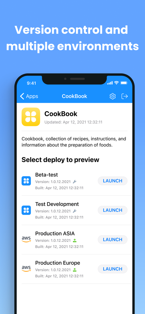 AppMaster Developer - Interface showing multiple deployment environments like beta-test and production for an app development project.