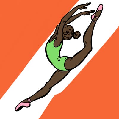 gymnast doing a leap in a leotard with a bent back leg