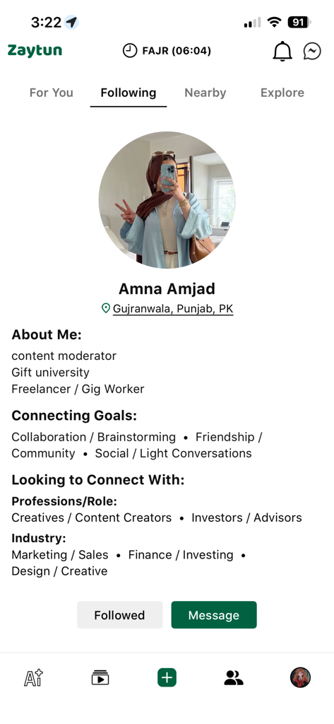 Zaytun AI - A user profile screen in the Zaytun AI app showing professional networking goals and a bio