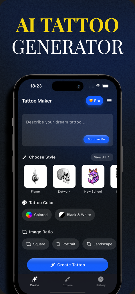 Tattoo AI Generator & Maker - Interface do aplicativo gerador de tatuagem IA com opções de estilo de design e seleção de cores