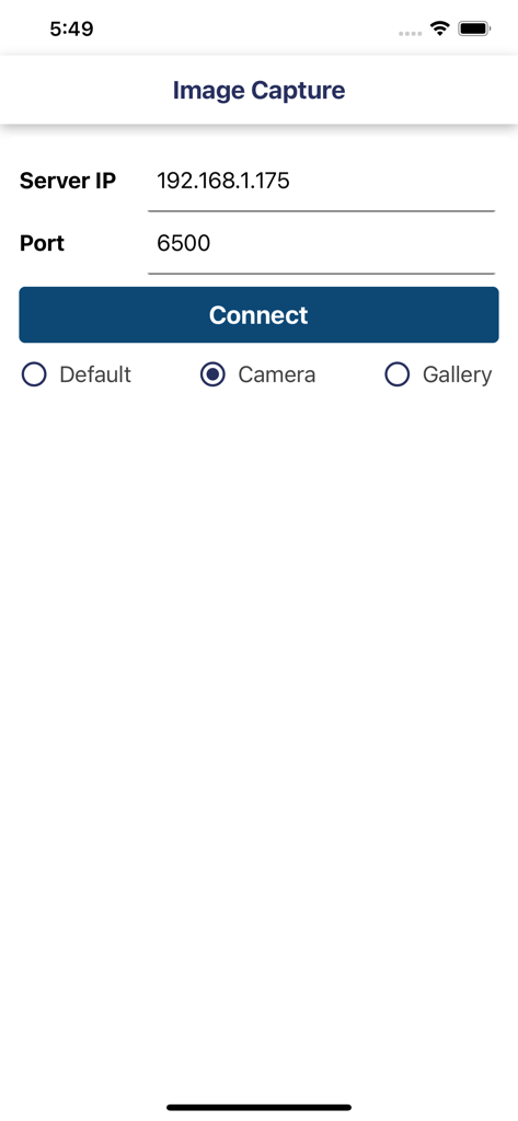 ImageCapture - The server connection setup screen in the ImageCapture app showing fields for Server IP and Port with a connect button