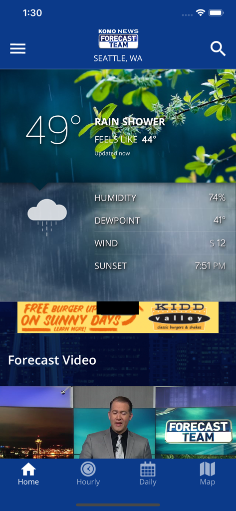 シアトルの降雨予報と地域気象予報士のビデオを表示するKOMO WXアプリ。