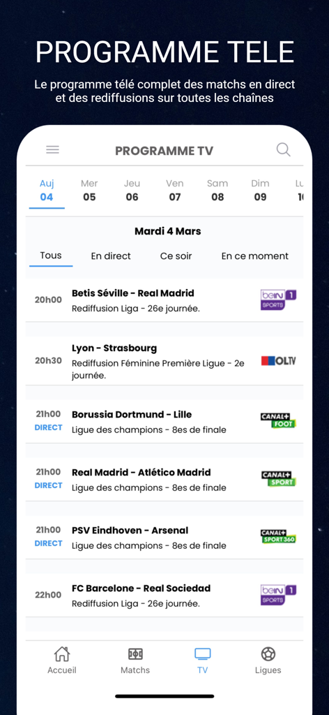 Made in FOOT - Une interface mobile de l'application Made in FOOT affichant un programme TV de football détaillé avec les heures des matchs et les chaînes de diffusion.