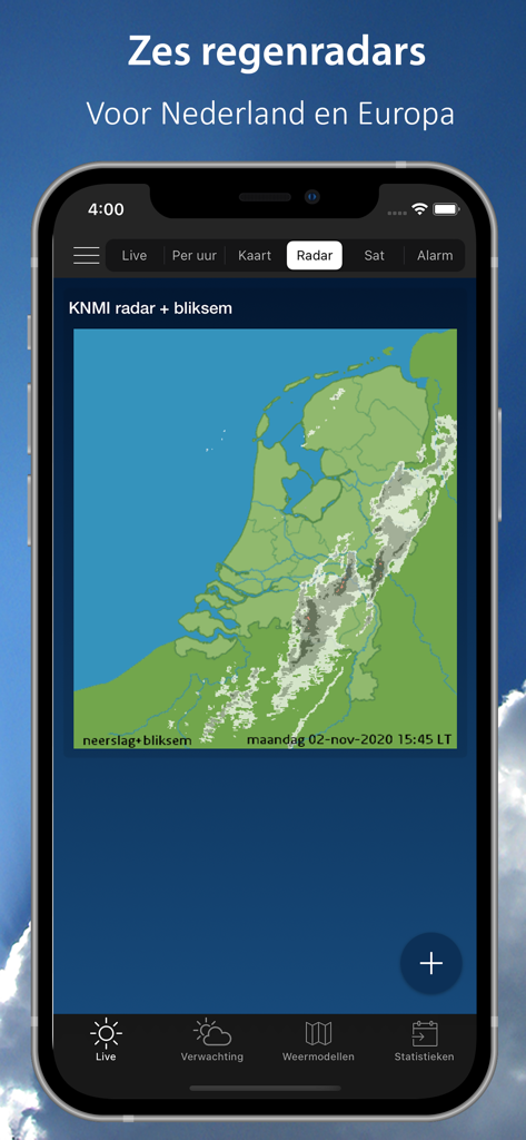 Mapa de radar de chuva e raios da Holanda no aplicativo de clima Het Weer in Nederland