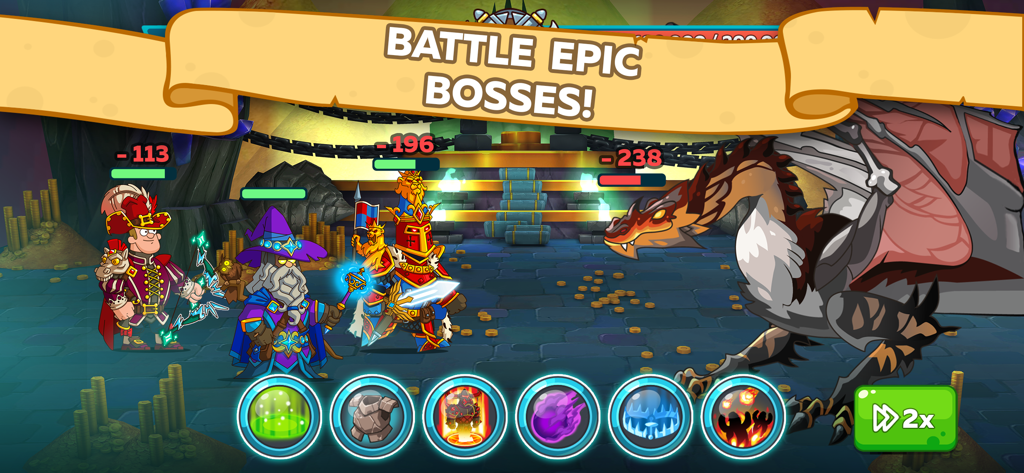Hustle Castle・Medieval Kingdom - Three Hustle Castle heroes including a knight and wizard battling a large dragon boss