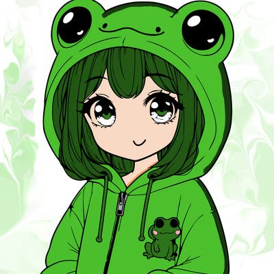 cute realistic girl in a froggy hoodie