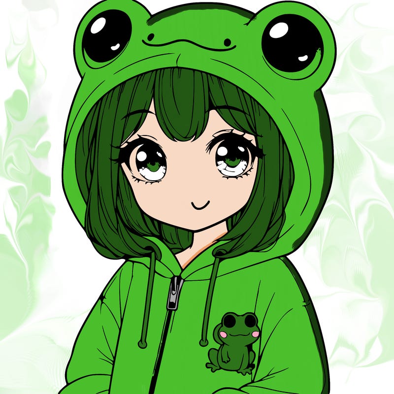cute realistic girl in a froggy hoodie