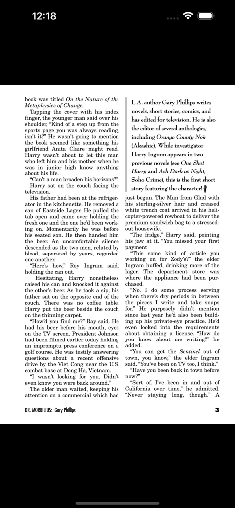 Ellery Queen Mystery Magazine - A digital page of a mystery short story by Gary Phillips within the Ellery Queen Mystery Magazine app interface.