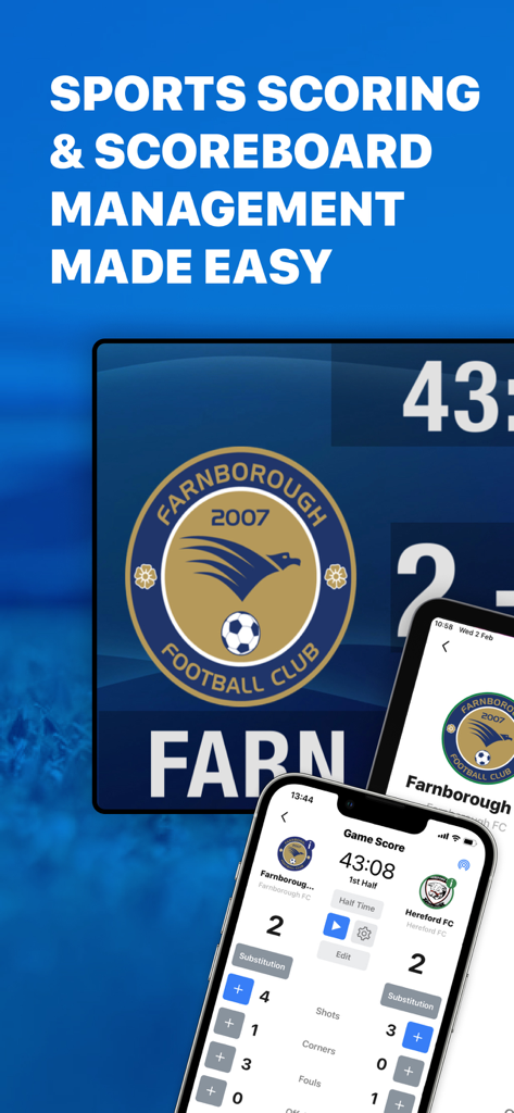 QS Football PRO - Digital scoreboard and smartphone app interface for professional soccer match scoring