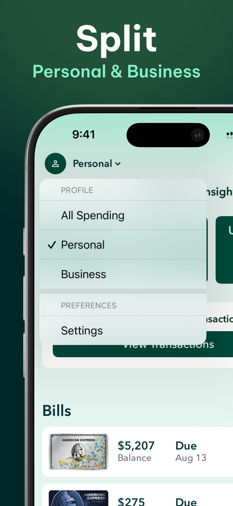 MaxRewards app interface showing a dropdown menu to switch between personal and business spending views with credit card bill details below.