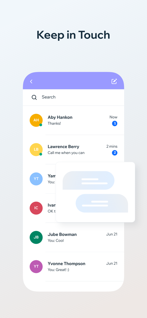 Witchbook 2 - Interfaccia di messaggistica dell'app Witchbook 2 che mostra un elenco di contatti e notifiche di chat sotto l'intestazione Rimani in Contatto.