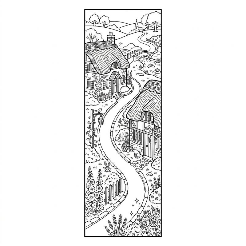 Discover a serene village scene with our delightful thatched cottages bookmark coloring page. This intricate design offers a charming escape, perfect for creating a personalized bookmark.