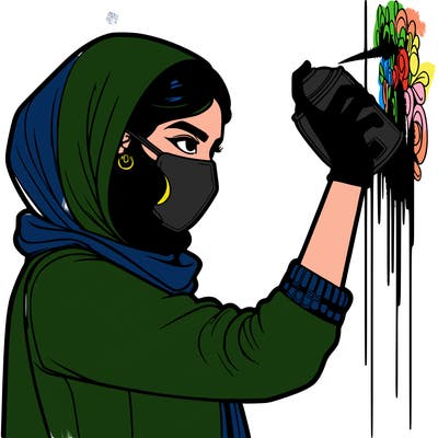 realistic girl with mask spray painting a wall