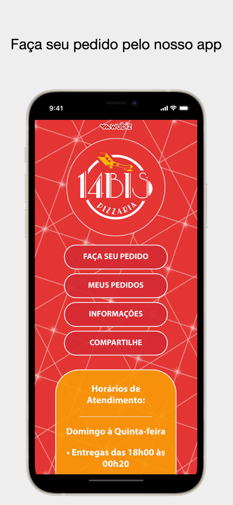 Tela inicial do aplicativo móvel 14 Bis Pizzaria mostrando botões para fazer pedidos e visualizar horários de serviço.