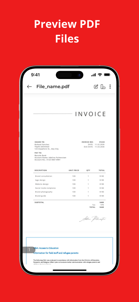 PDF Converter : Scan & Editor - Smartphone displaying a preview of a scanned invoice with a digital signature within the PDF Converter app
