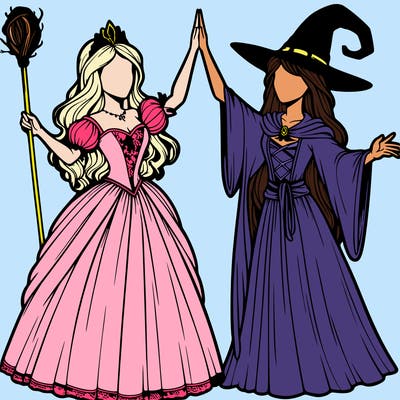 detailed realistic split of a princess and a witch