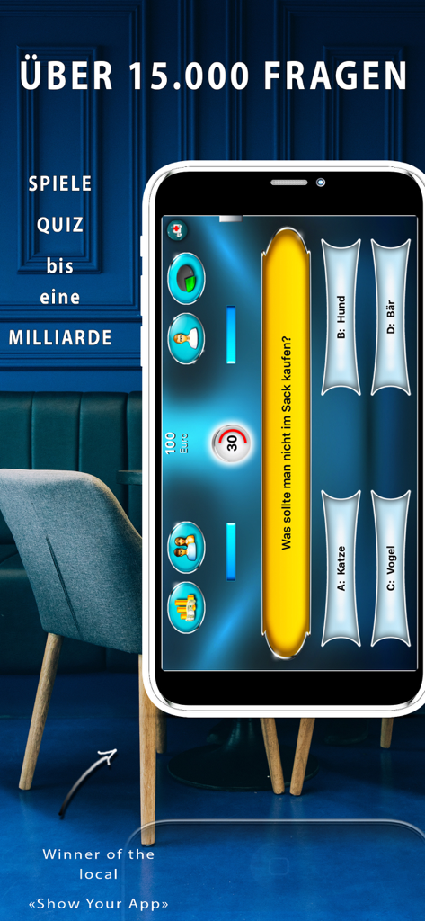Millionär Strategiequiz M PRO - Screenshot der Millionär Strategiequiz M PRO Mobile App, der eine Quizfrage auf Deutsch mit Multiple-Choice-Antworten zeigt.