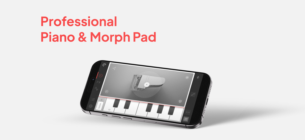 Pure Piano - Grand Piano App - Pure Piano app interface on a smartphone displaying the professional grand piano keyboard and interactive morph pad