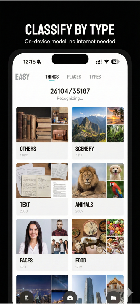 EASY - AI Photo Organizer - EASY AI Photo Organizerのインターフェース。風景、動物、テキスト、食べ物などのスマートアルバムに自動分類された写真が表示されています。
