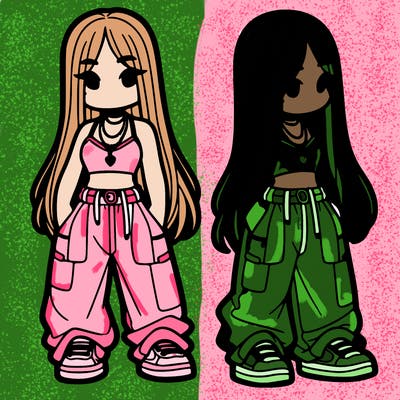 girl in baggy pants crop top and long hair