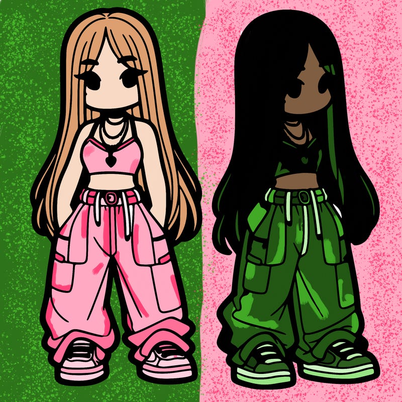 girl in baggy pants crop top and long hair