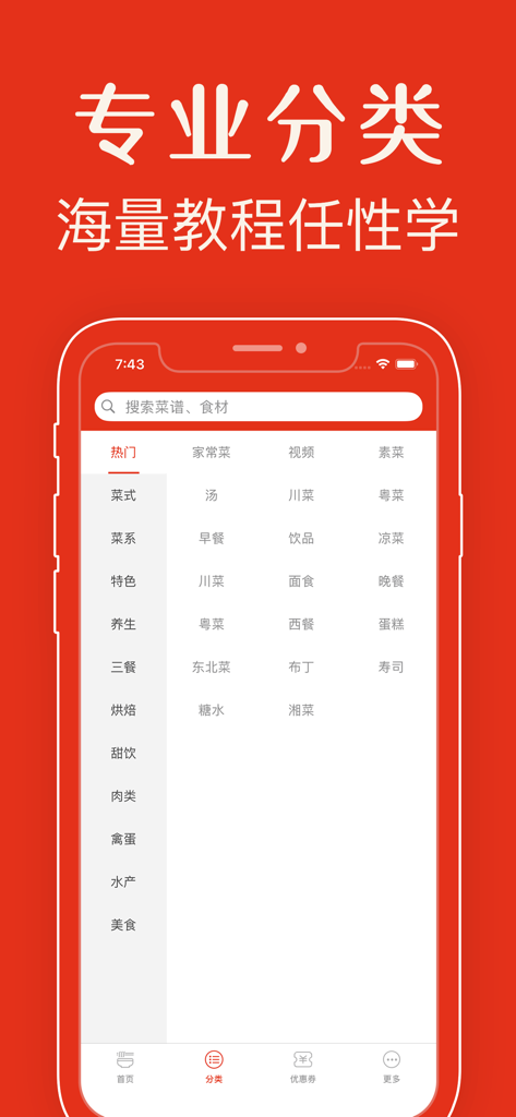 Mobile app interface showing professional categorization of various Chinese regional cuisines and dish types