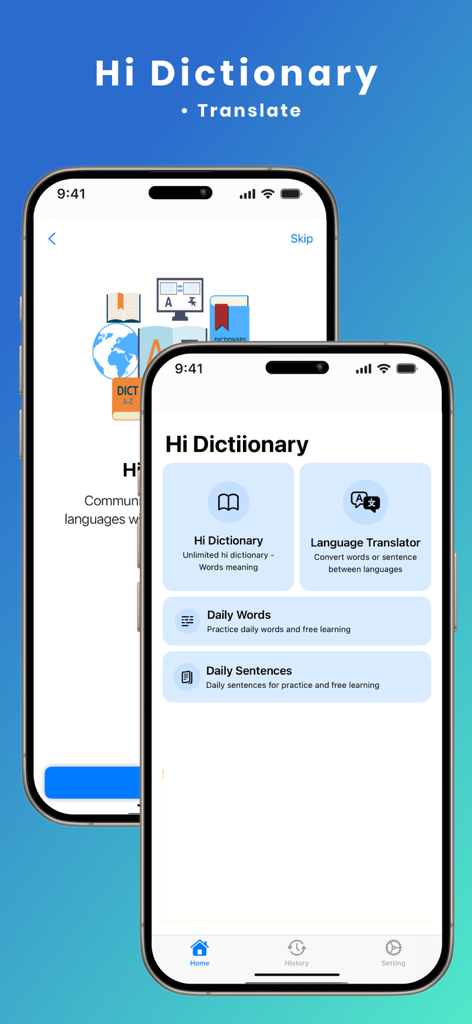 Hi Dictionary - Translate - Main screen of the Hi Dictionary app showing translation and daily learning features on two iPhones