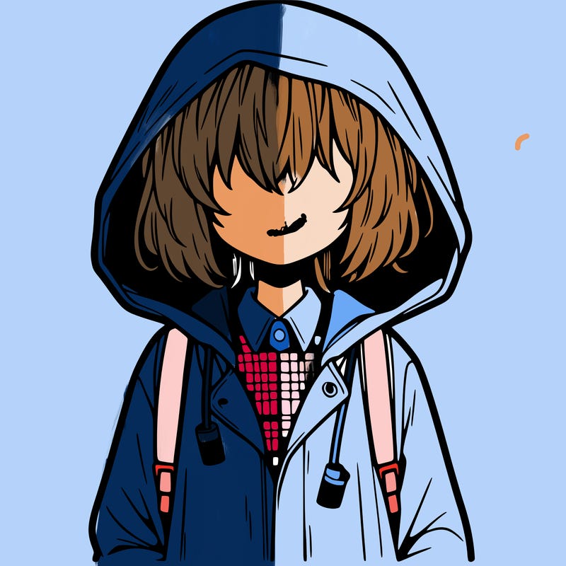 little anime girl in a raincoat her hair is covering her eyes she has a lighter