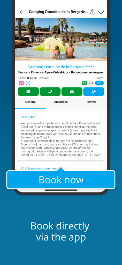 A campsite details page in the CampingCard ACSI app showing a swimming pool photo and a large blue Book Now button for direct booking.