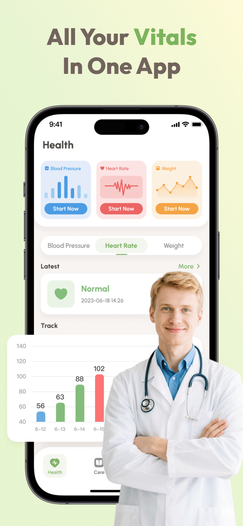 Blood Pressure Tracker+:AI Log - Tableau de bord d'une application de suivi de santé montrant les indicateurs de tension artérielle, de fréquence cardiaque et de poids avec une figure de médecin