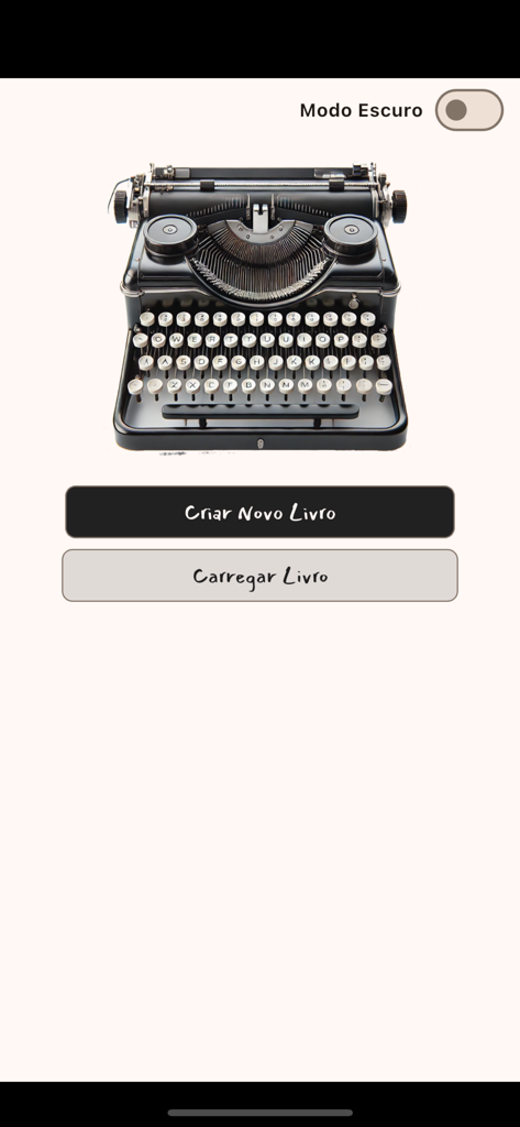 Book Maker - Create Your Story - Home screen of the Book Maker app featuring a vintage typewriter illustration and buttons to create or load a story.