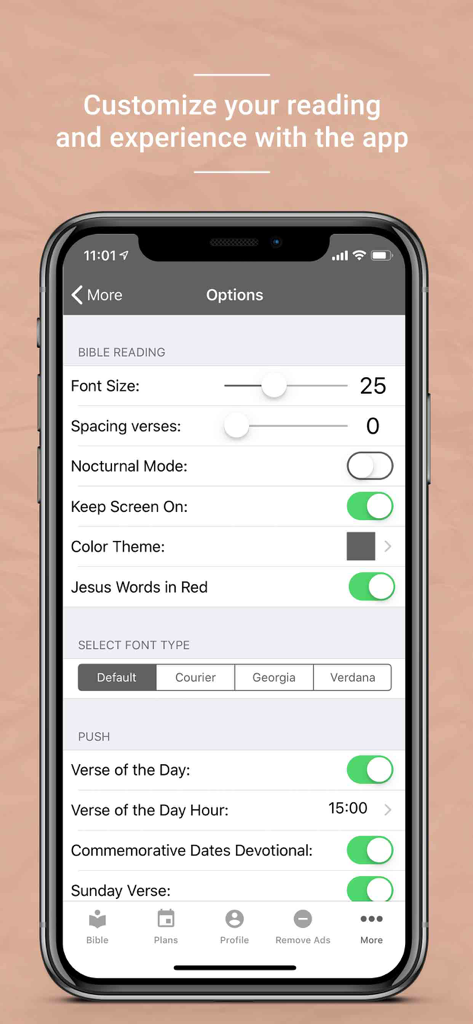 Luther's Bible - Luther's Bible app settings menu displaying font size adjustments, nocturnal mode toggle, and push notification options for daily verses.