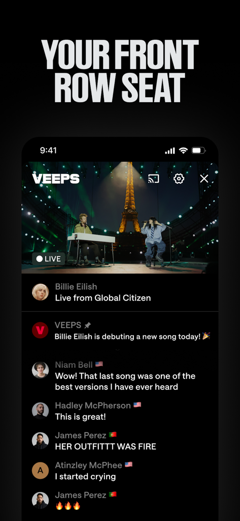 Veeps app interface showing a live concert stream of Billie Eilish with a real-time fan chat