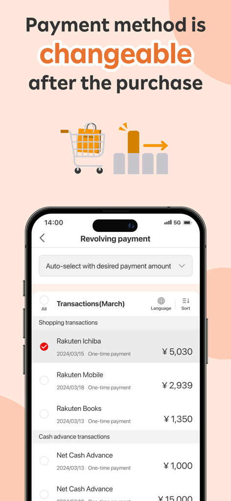 Rakuten Card Lite - A smartphone displaying the Rakuten Card Lite app revolving payment screen with a list of shopping transactions