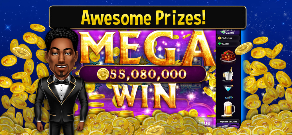 A Mega Win jackpot screen in the Casino World app featuring a custom male avatar in a tuxedo surrounded by falling gold coins.