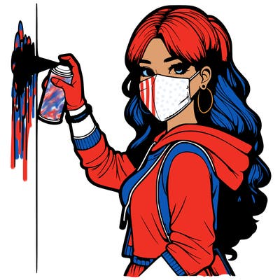 realistic girl with mask spray painting a wall