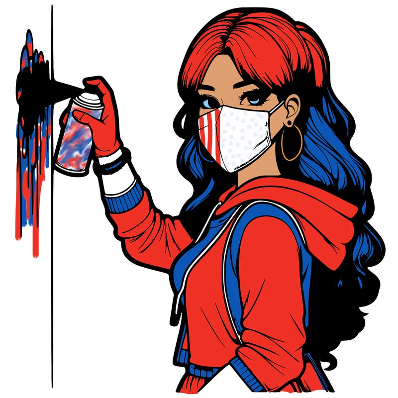 realistic girl with mask spray painting a wall