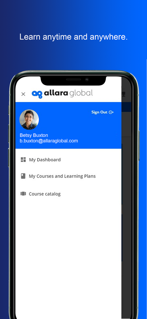 Allara Global - Allara Globalアプリのナビゲーションメニュー。ユーザープロフィールと学習オプションが表示されています。