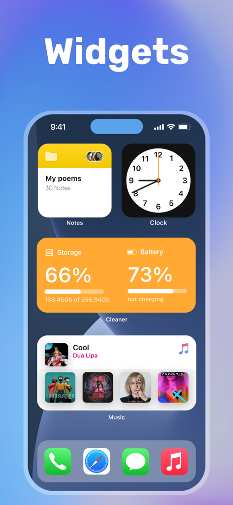 iPhone home screen displaying cleaner app widgets for device storage and battery status.