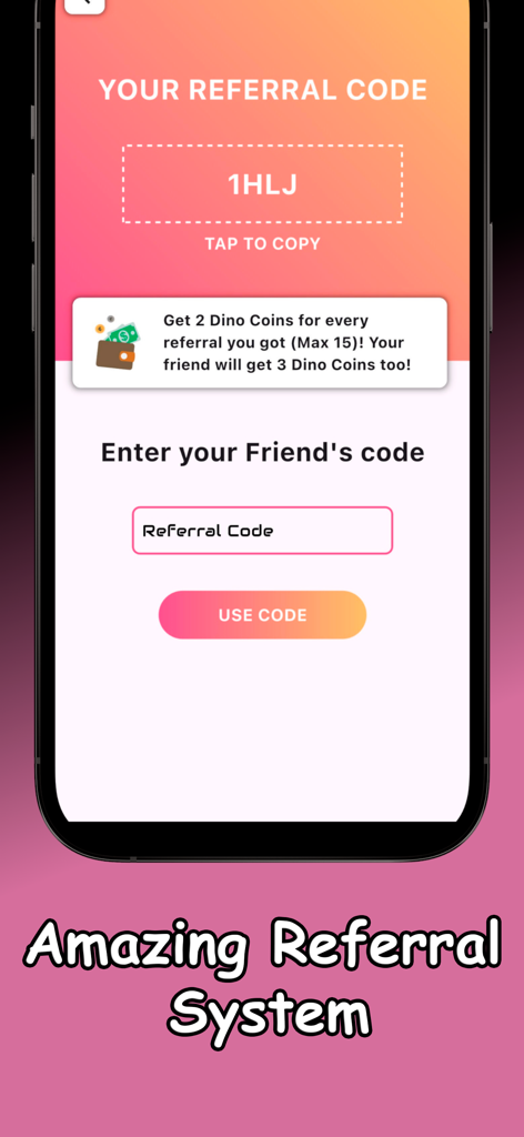 The referral system screen of the Rewarded Play app showing a unique code and bonus coins for inviting friends.