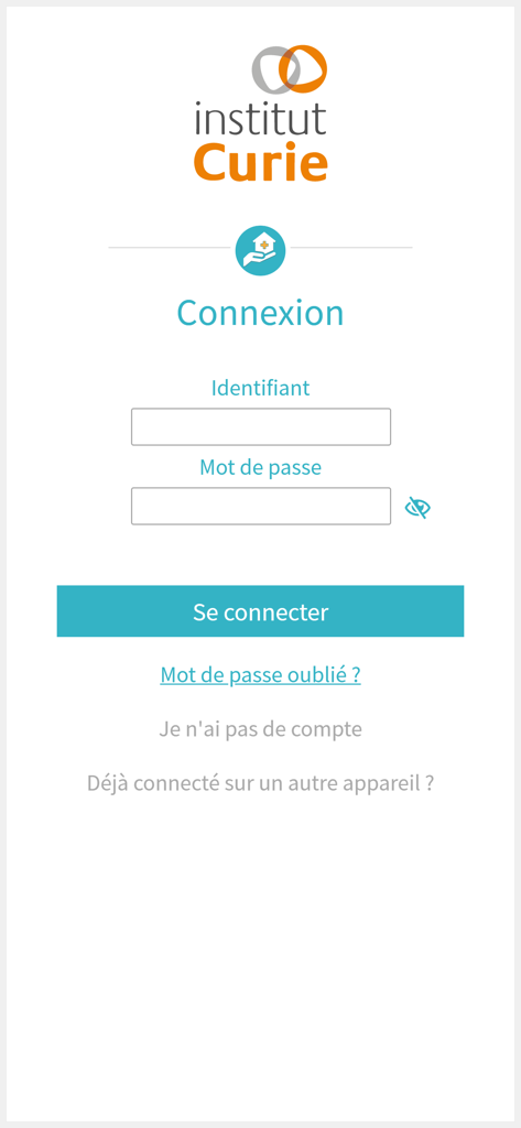 myCurie - Login screen of the myCurie medical app showing identity and password fields