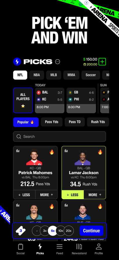 Arena - The Sports Super App - Arena app Picks interface showing daily fantasy sports predictions for NFL players Patrick Mahomes and Lamar Jackson