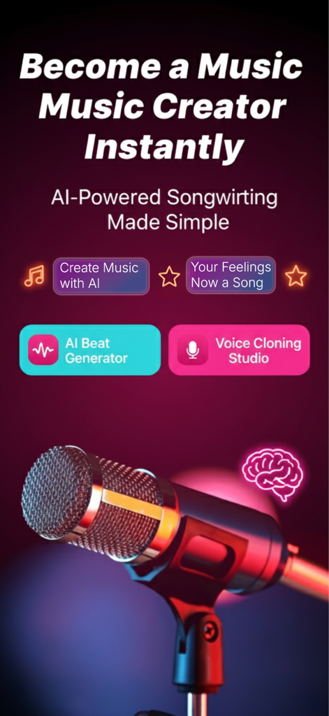 Melodiai - AI Song Music Maker - Interface of Melodiai app showing AI music creator and voice cloning features with a microphone graphic