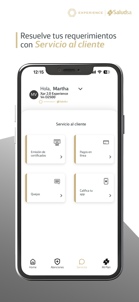 Saludsa mobile app customer service screen with online payment and certificate options