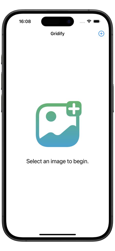 Gridify - Pixel Art Maker - Pantalla de inicio de la aplicación Gridify mostrando un ícono de carga de imagen y una indicación para seleccionar una imagen para comenzar