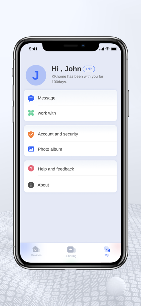 KK Home - User profile dashboard in the KK Home app featuring account security and settings
