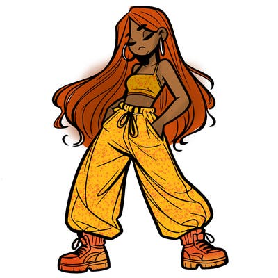 girl in baggy pants crop top and long hair